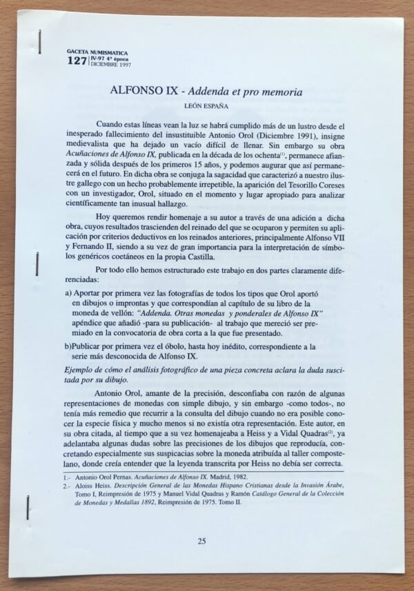 Separata Alfonso IX – Biblioteca León España – Numismática