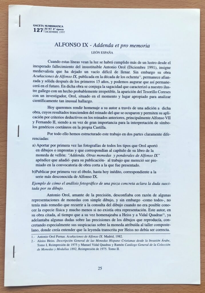 Separata Alfonso IX – Biblioteca León España – Numismática