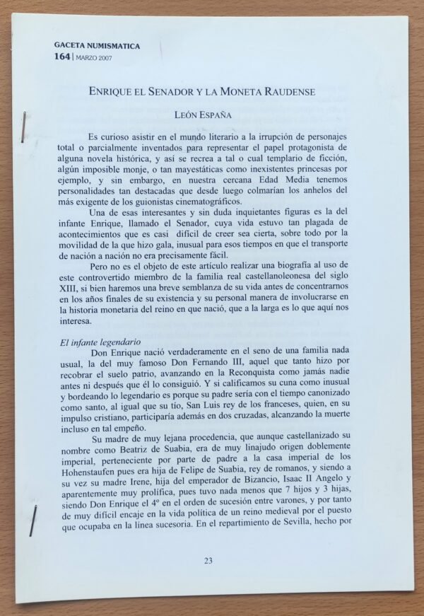 Separata Enrique el Senador y la Moneda Raudense – Biblioteca León España – Numismática