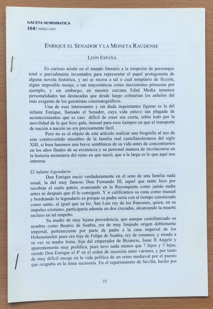 Separata Enrique el Senador y la Moneda Raudense – Biblioteca León España – Numismática
