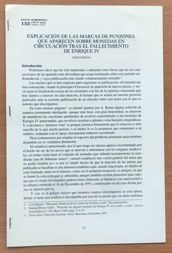 Separata Explicación de las Marcas de punzones que aparecen sobre monedas en circulación tras el fallecimiento de Enrique IV – Biblioteca León España – Numismática