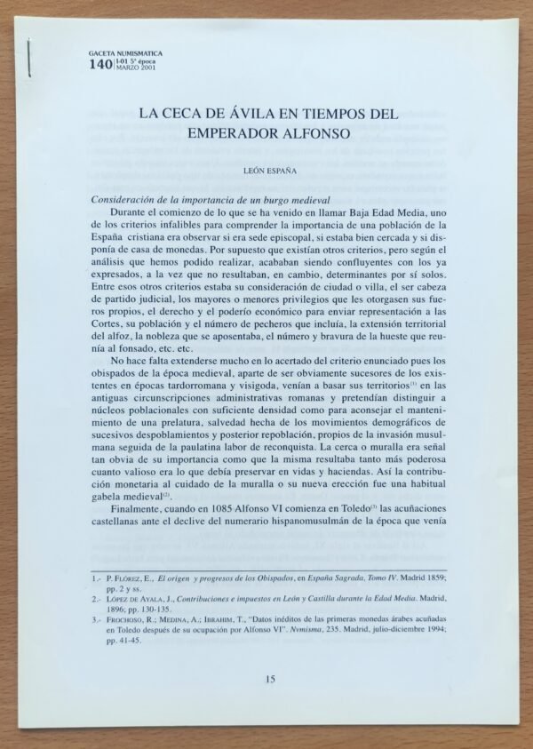 Separata La Ceca de Ávila en tiempos del Emperador Alfonso – Biblioteca León España – Numismática