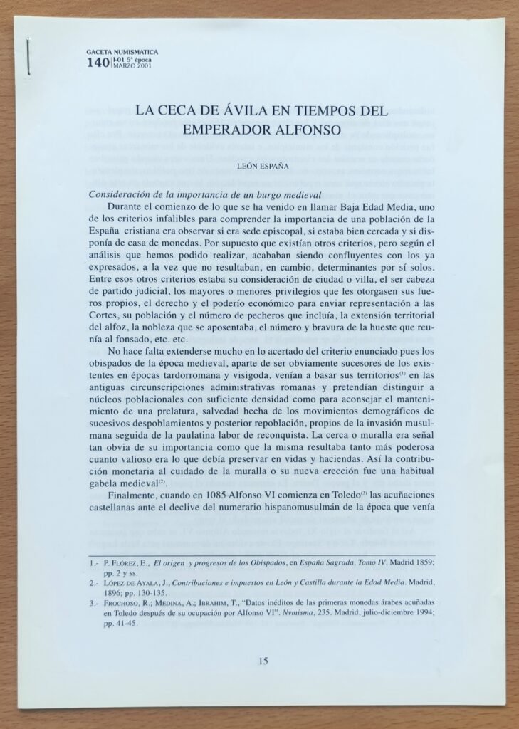 Separata La Ceca de Ávila en tiempos del Emperador Alfonso – Biblioteca León España – Numismática