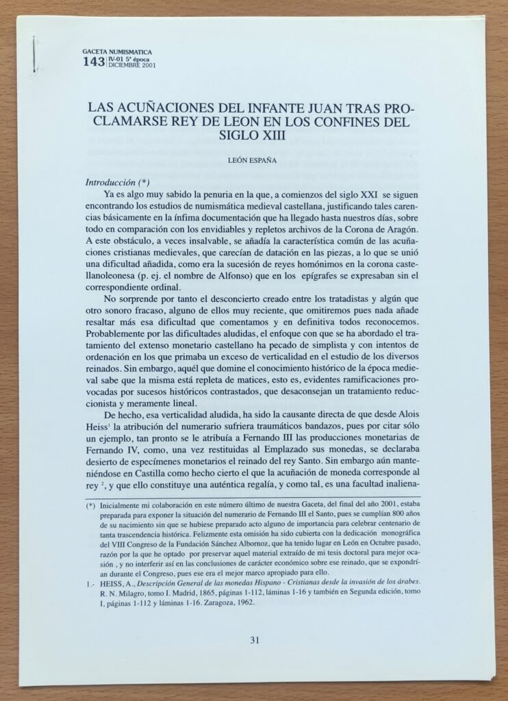 Las acuñaciones del Infante Juan tras proclamarse Rey de León en los Confines del Siglo XIII – Biblioteca León España – Numismática