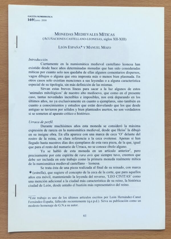 Separata Monedas Medievales Míticas – Biblioteca León España – Numismática