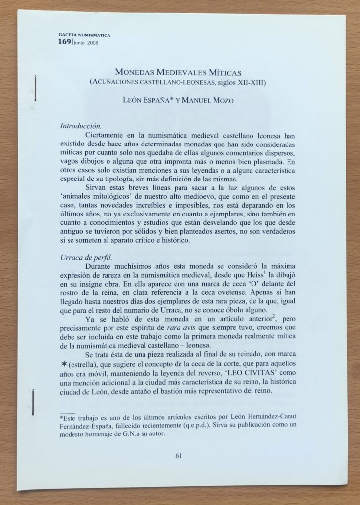 Separata Monedas Medievales Míticas – Biblioteca León España – Numismática
