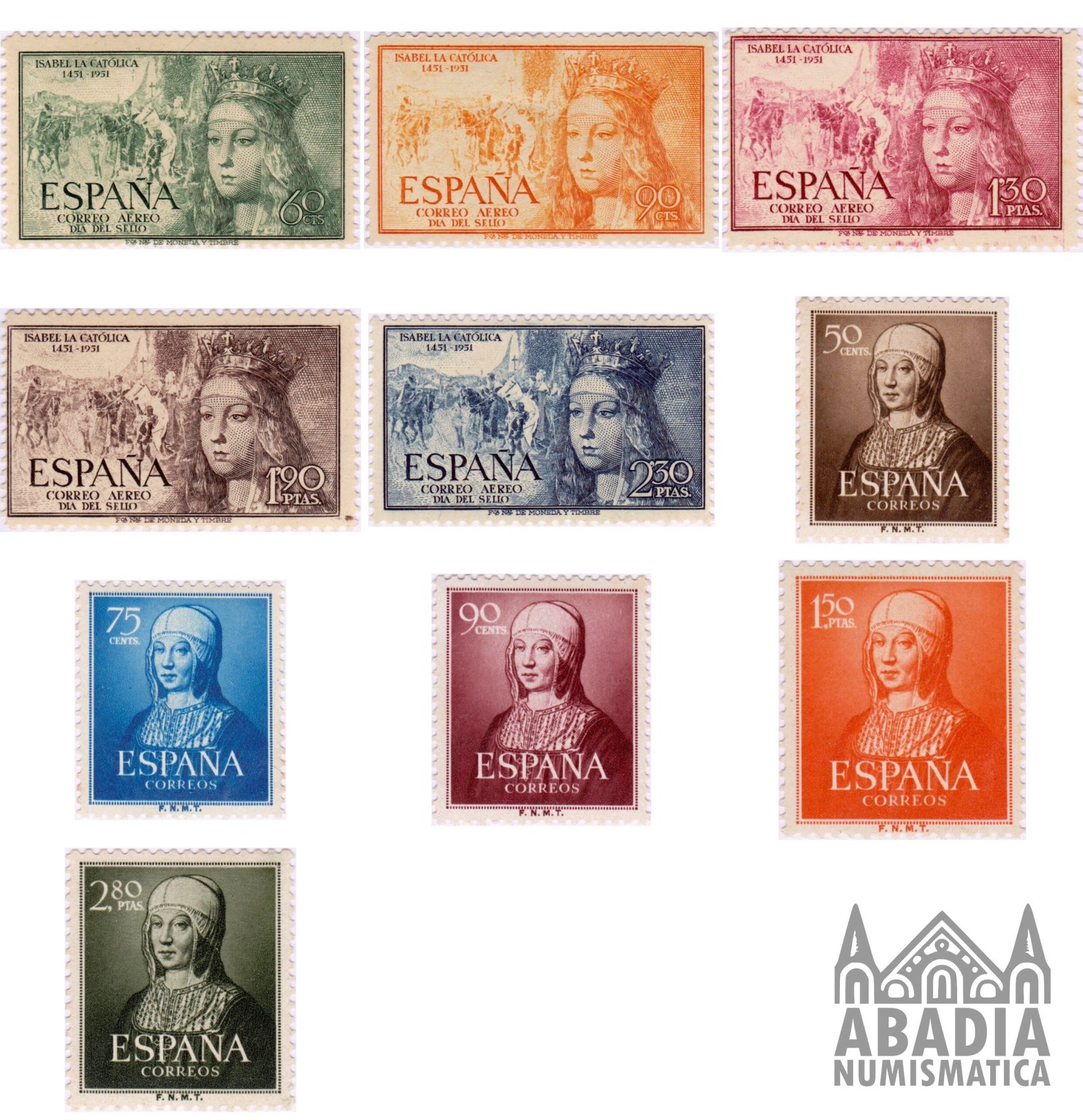 1951 – V Centenario de Isabel la Católica (Edifil 1092/1101)